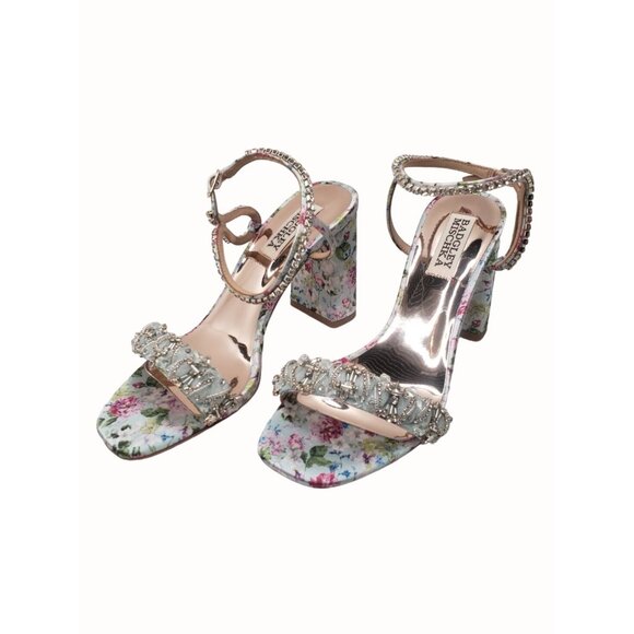 Badgley Mischka Tanisha Blue Floral Sandal Womens 5.5 Block Heel Beaded NEW - Picture 3 of 10